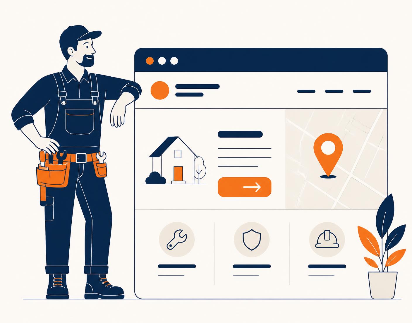 Illustration d'un artisan du bâtiment en bleu de travail à côté d'un site internet affichant sa zone d'intervention et un bouton de demande de devis