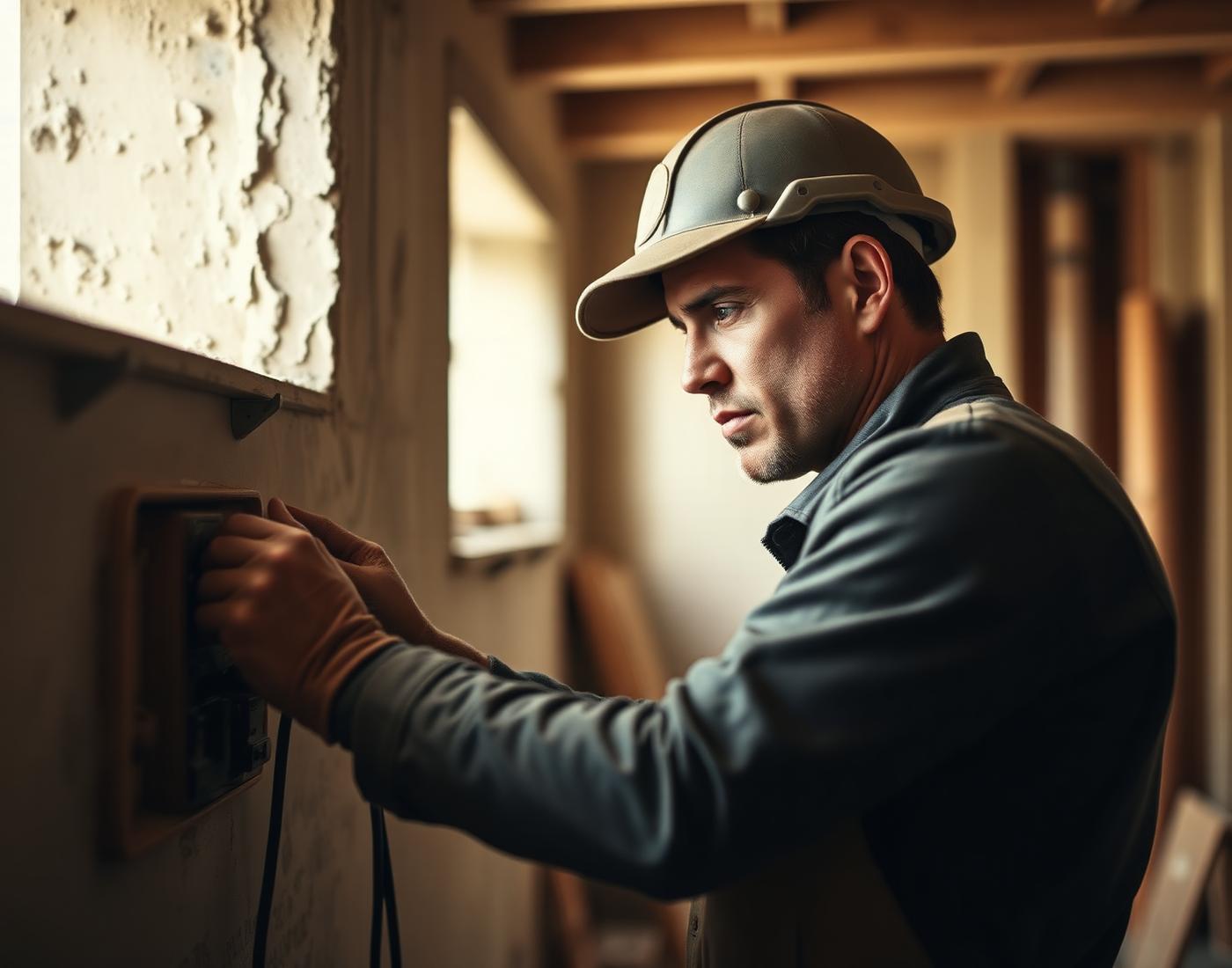 Électricien au travail sur un chantier de rénovation
